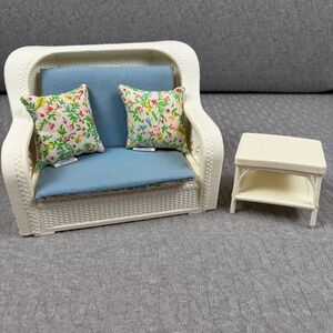 Vintage Barbie Patterned Wicker Fold-out Sofa and Table Set 1983